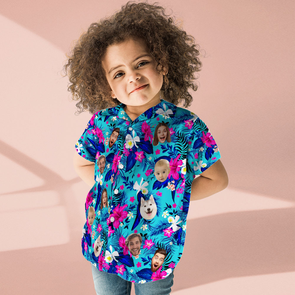 Custom Hawaiian Shirt With Face Personalized Hawaiian Shirt Logo All Over Print Pink Flower Hawaiian Shirt For Kids -  mycustomtirecover