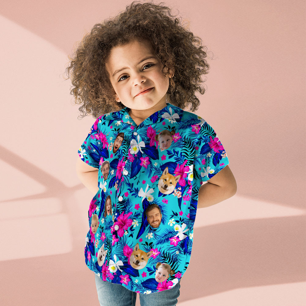Custom Hawaiian Shirt With Face Personalized Hawaiian Shirt Logo All Over Print Pink Flower Hawaiian Shirt For Kids -  mycustomtirecover