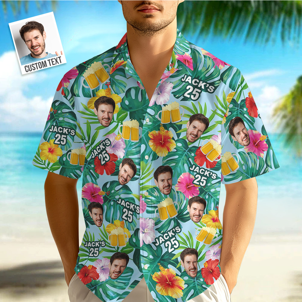 Custom Photo Birthday Shirt Personalized Tropical Plants & Beer Hawaiian Shirts With Age & Name Gift For Birthday