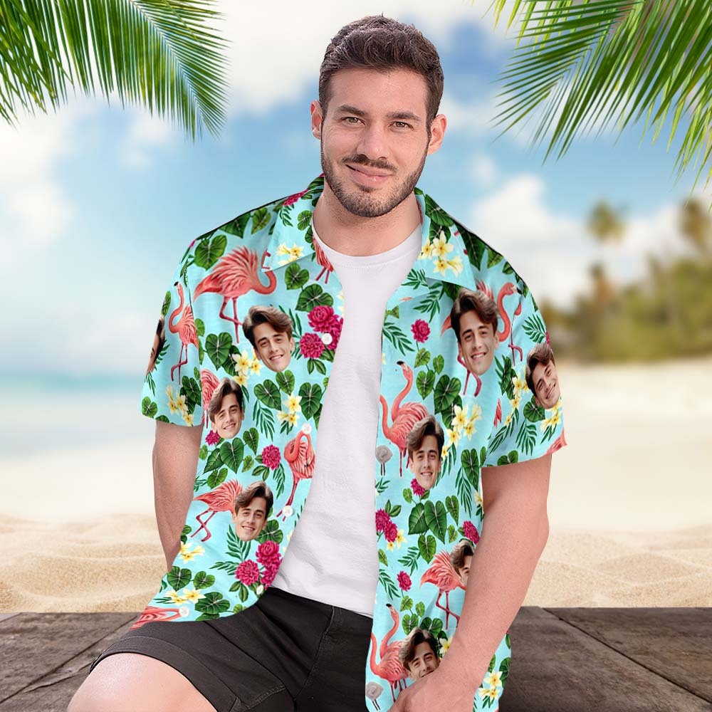Custom Face Hawaiian Shirts Colorful Flamingo Aloha Beach Shirt - Light Blue