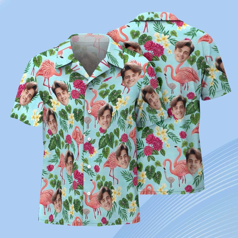 Custom Face Hawaiian Shirts Colorful Flamingo Aloha Beach Shirt - Light Blue