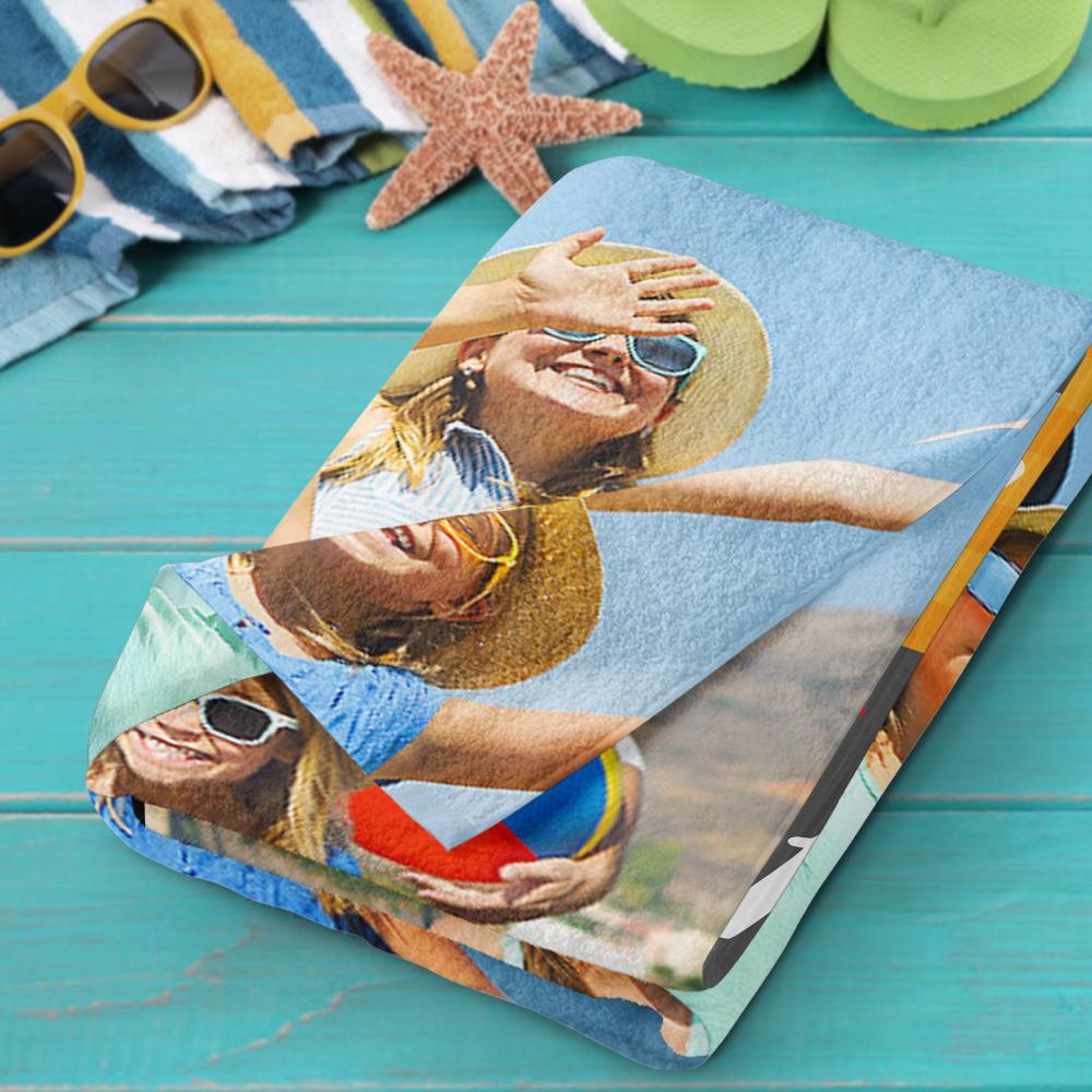 Custom Photo Beach Bath Towel With Text - Family