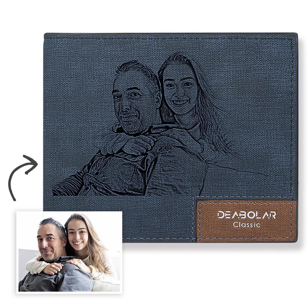 Custom Blue Short Photo Wallet Personalized Engraved Leather Mens Wallet Custom Gift For Him