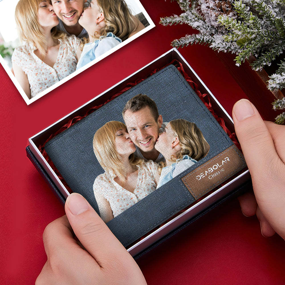 Father's Day Gift Custom Blue Leather Color Family Photo Wallet Personalized Engraved Leather Mens Wallet Best Gift for Father