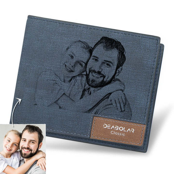 Custom Blue Short Photo Wallet Personalized Engraved Leather Mens Wallet Custom Gift For Him