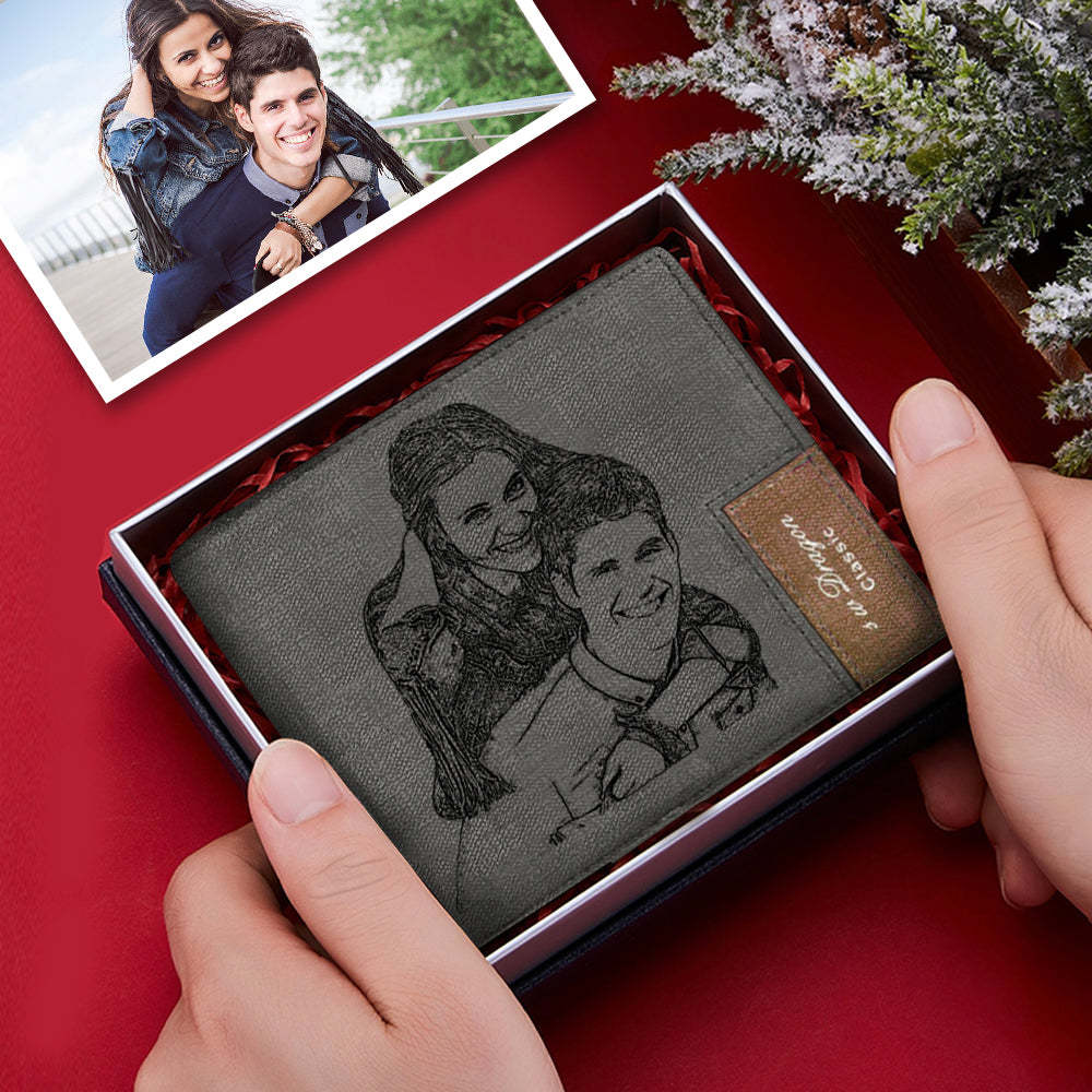 Fathers Gift for Him Leather Mens Wallet Personalized Engraved Custom Photo
