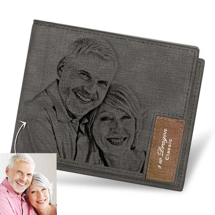 Fathers Gift for Him Leather Mens Wallet Personalized Engraved Custom Photo