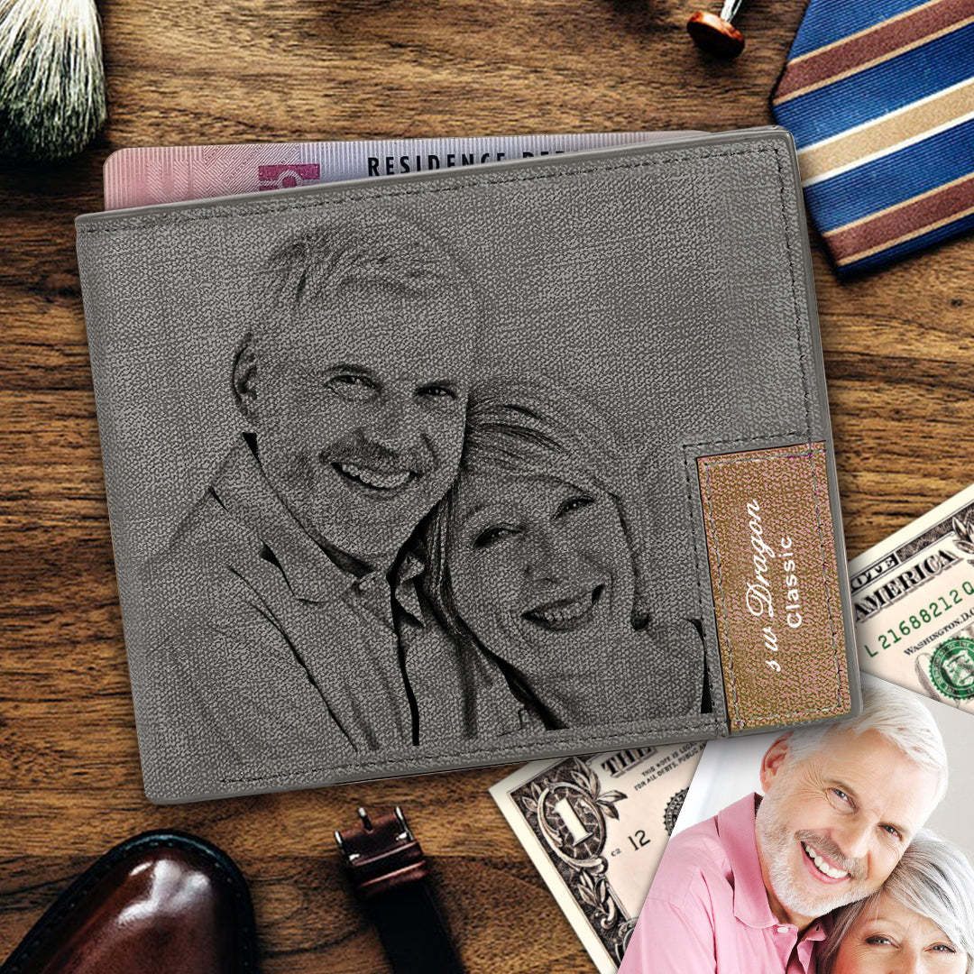 Fathers Gift for Him Leather Mens Wallet Personalized Engraved Custom Photo