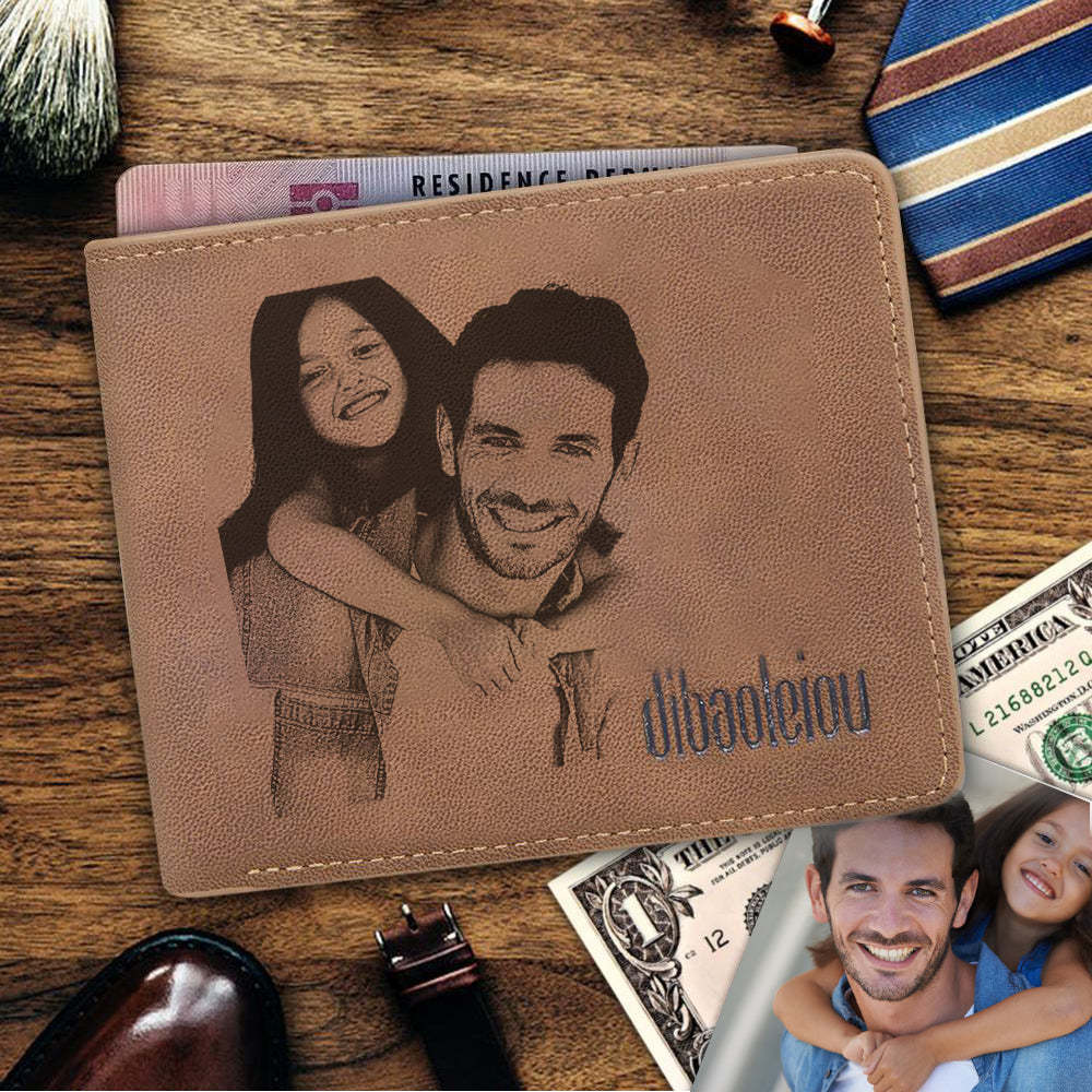 Father's Day Gift Custom Sketch Photo Wallet Personalized Engraved Leather Mens Wallet Anniversary Gift For Him