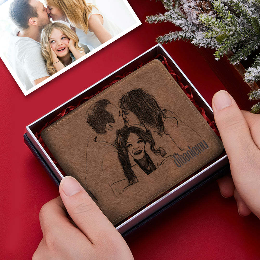 Custom Sketch Photo Wallet Personalized Engraved Leather Mens Wallet Anniversary Gift For Him