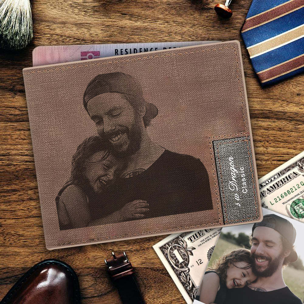 Father's Day Gift Custom Brown Couple Photo Wallet Personalized Engraved Leather Mens Wallet For Him