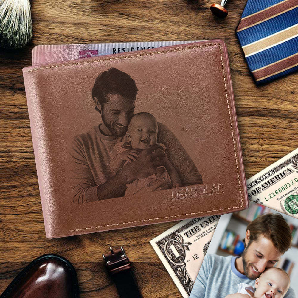 Father's Day Gift Personalized Engraved Leather Mens Wallet Custom Brown Trifold Leather Family Photo Wallet