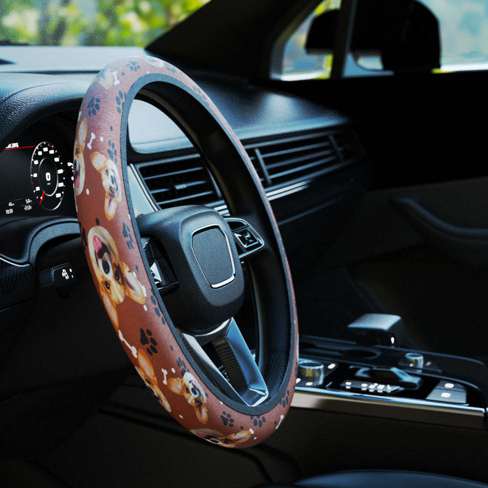 Personalized Pet Portrait Anti-Slip Car Steering Wheel Cover with Paw Bone Design Car Accessories Gift for Car Owner