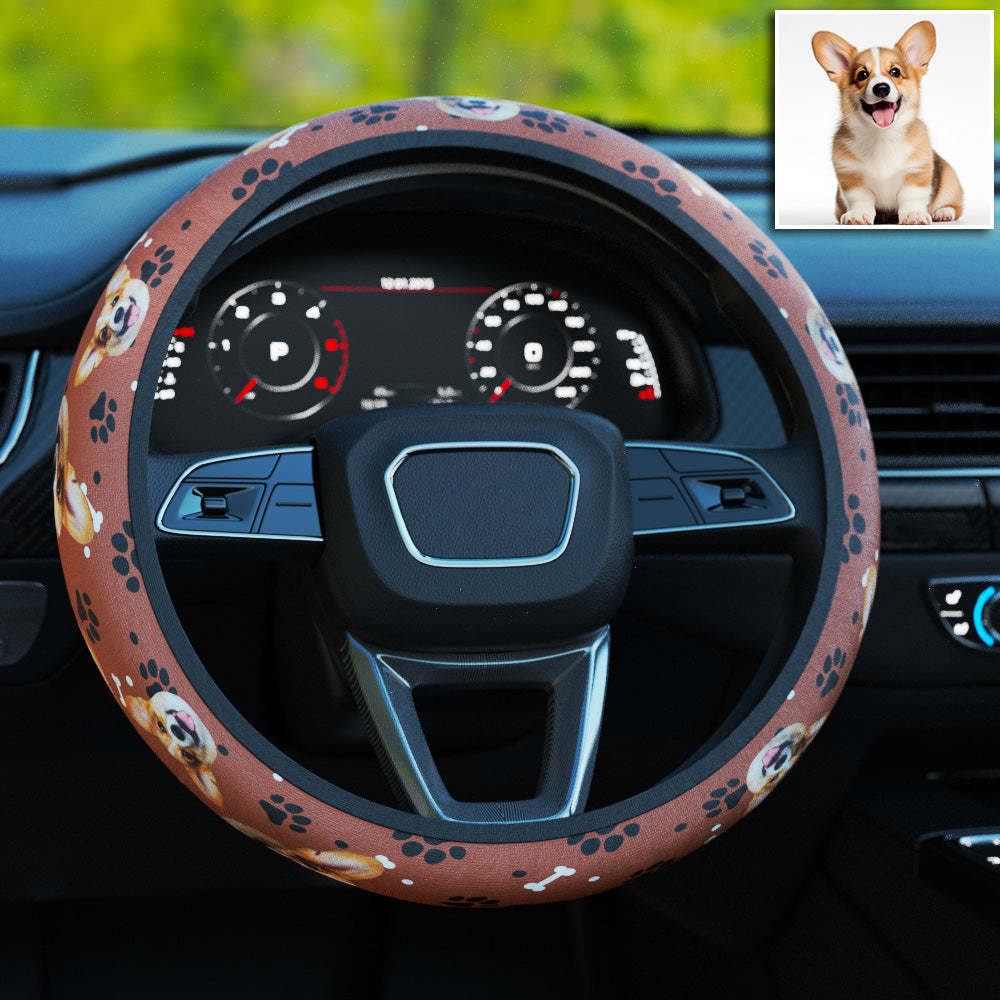 Personalized Pet Portrait Anti-Slip Car Steering Wheel Cover with Paw Bone Design Car Accessories Gift for Car Owner