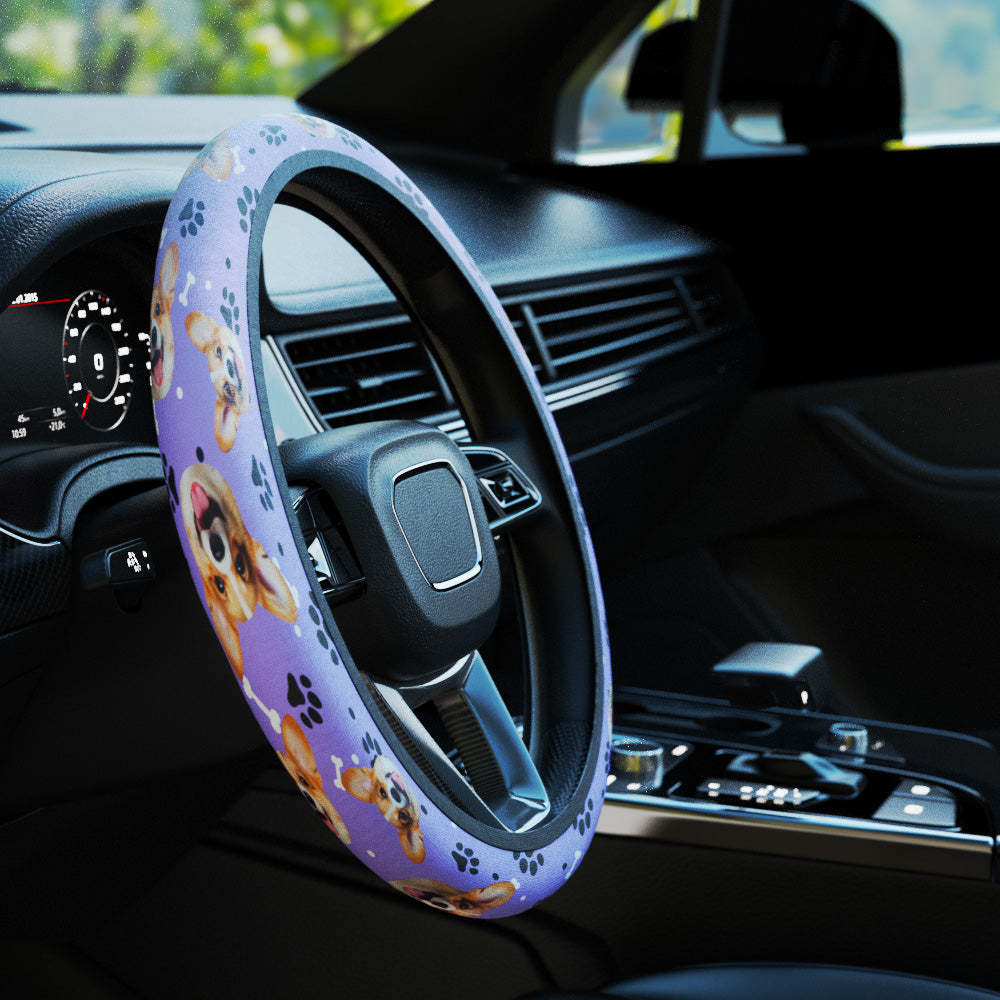 Personalized Pet Portrait Anti-Slip Car Steering Wheel Cover with Paw Bone Design Car Accessories Gift for Car Owner