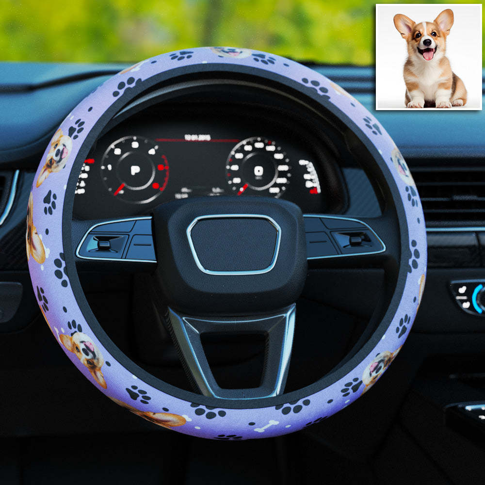 Personalized Pet Portrait Anti-Slip Car Steering Wheel Cover with Paw Bone Design Car Accessories Gift for Car Owner