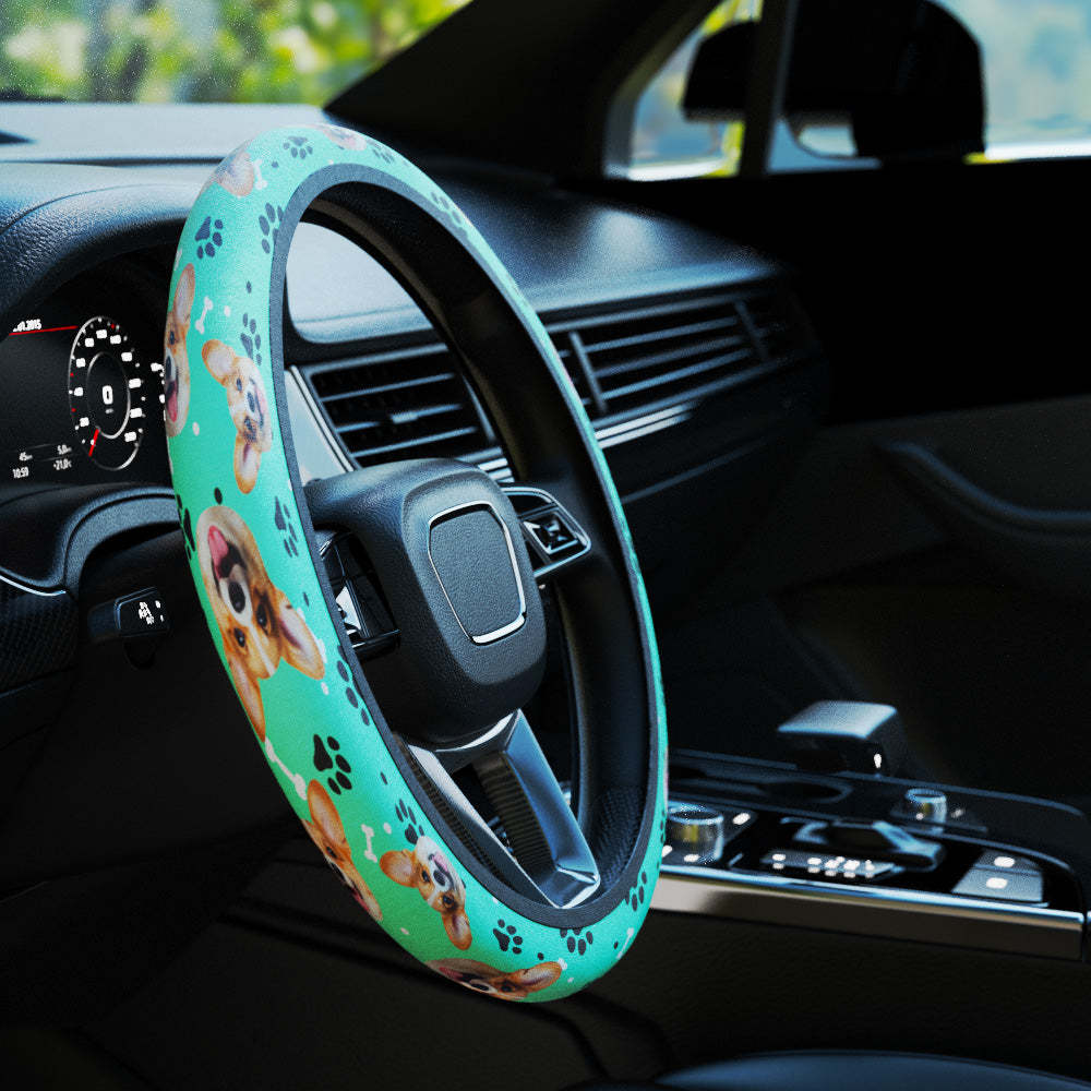 Personalized Pet Portrait Anti-Slip Car Steering Wheel Cover with Paw Bone Design Car Accessories Gift for Car Owner