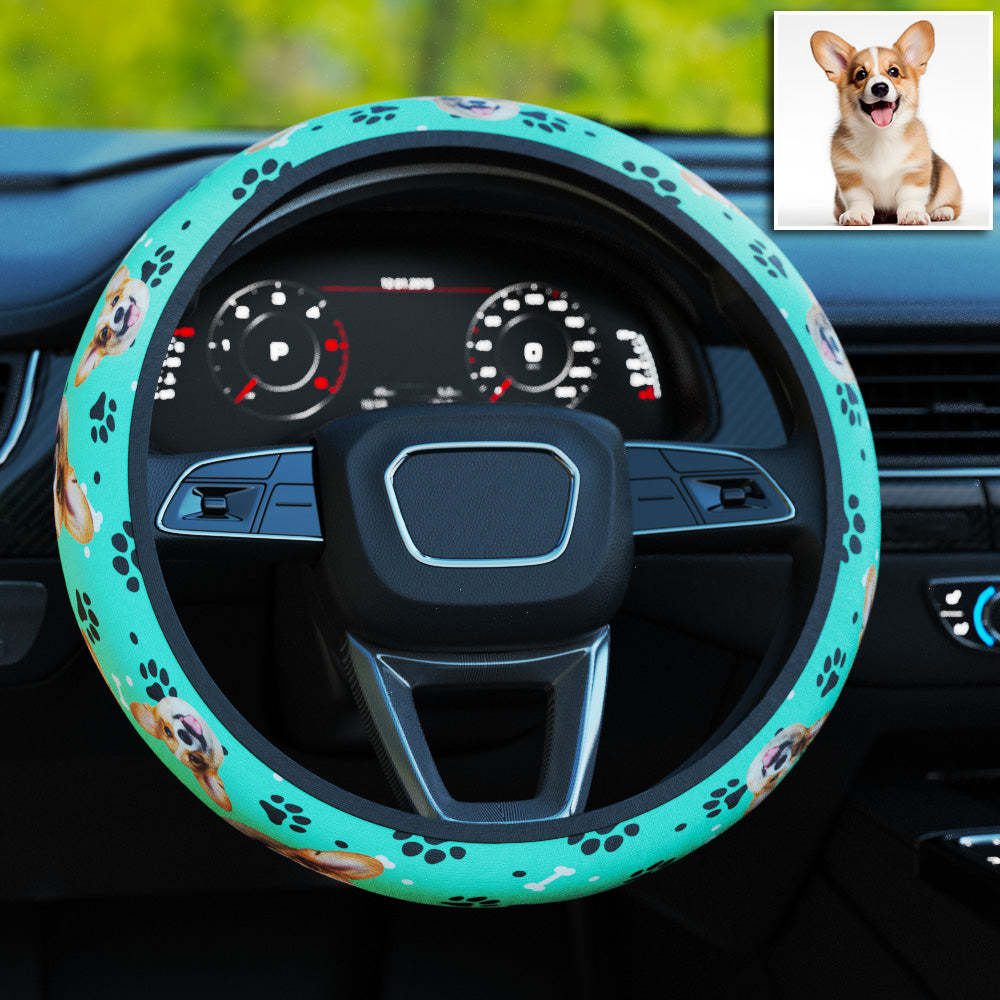Personalized Pet Portrait Anti-Slip Car Steering Wheel Cover with Paw Bone Design Car Accessories Gift for Car Owner