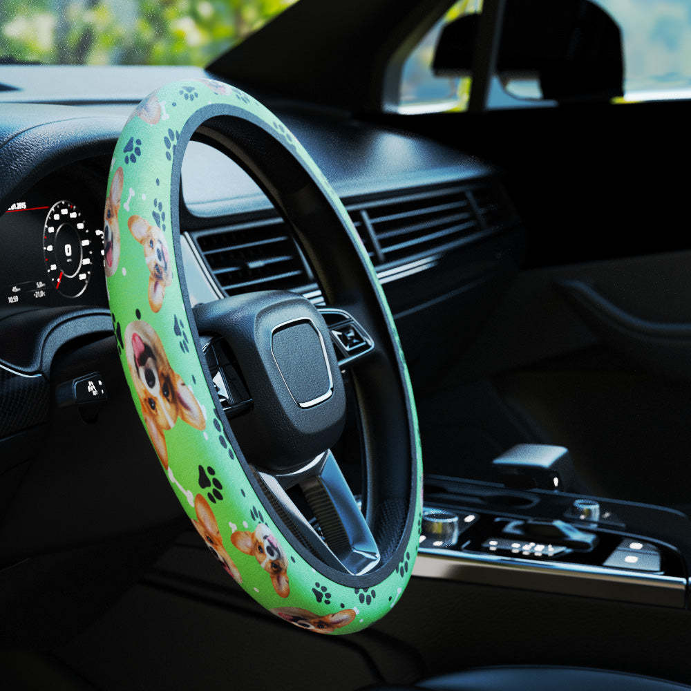 Personalized Pet Portrait Anti-Slip Car Steering Wheel Cover with Paw Bone Design Car Accessories Gift for Car Owner