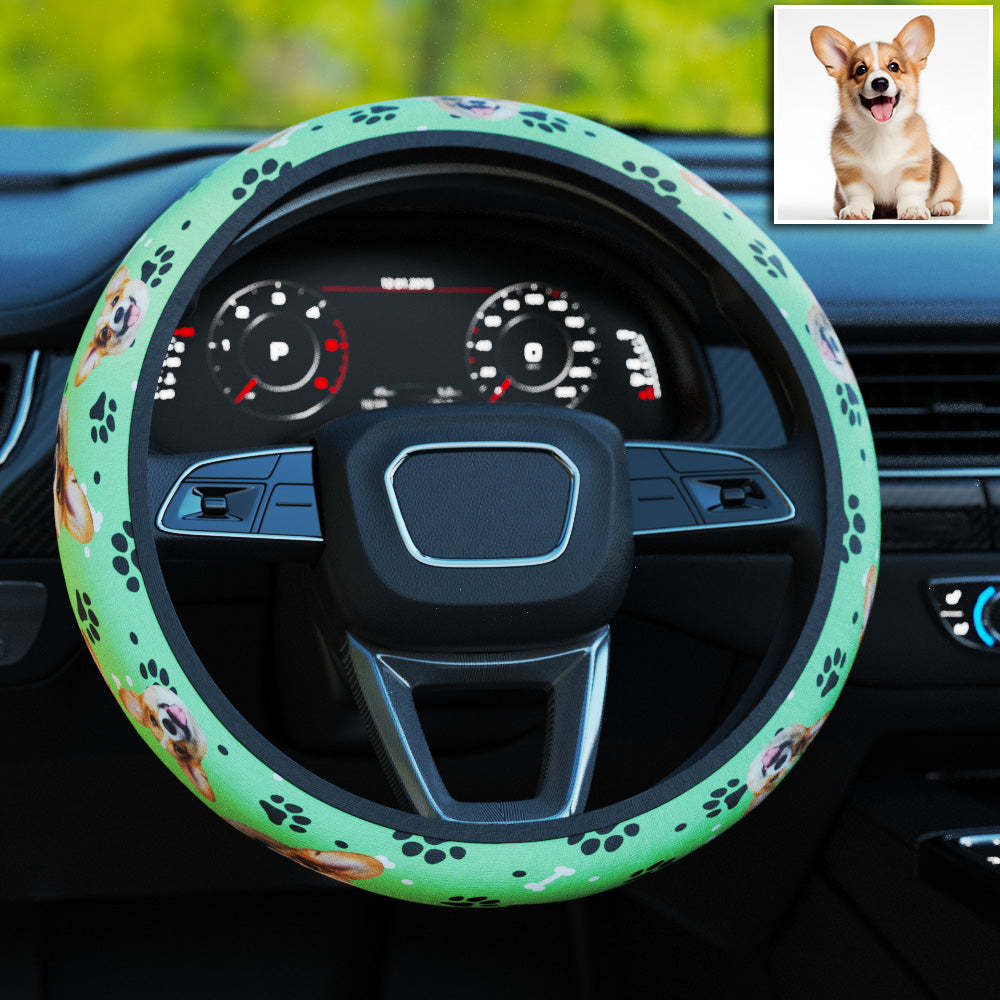 Personalized Pet Portrait Anti-Slip Car Steering Wheel Cover with Paw Bone Design Car Accessories Gift for Car Owner
