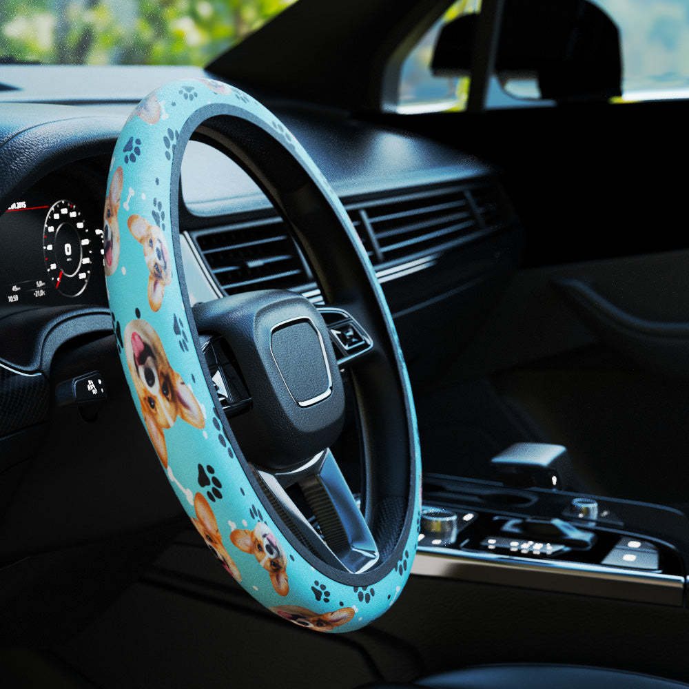 Personalized Pet Portrait Anti-Slip Car Steering Wheel Cover with Paw Bone Design Car Accessories Gift for Car Owner