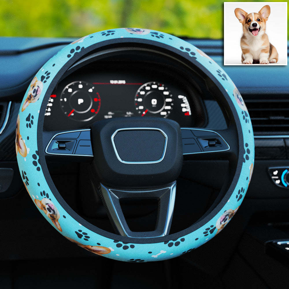 Personalized Pet Portrait Anti-Slip Car Steering Wheel Cover with Paw Bone Design Car Accessories Gift for Car Owner