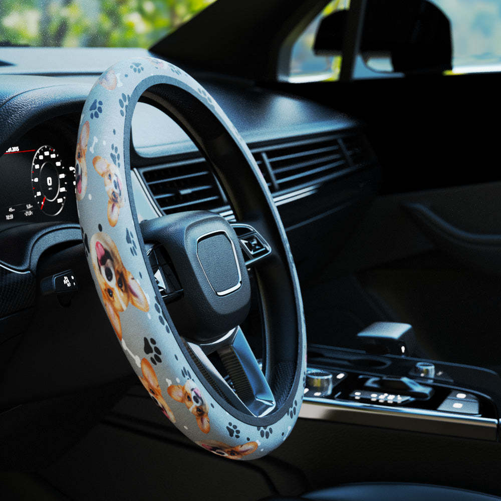 Personalized Pet Portrait Anti-Slip Car Steering Wheel Cover with Paw Bone Design Car Accessories Gift for Car Owner