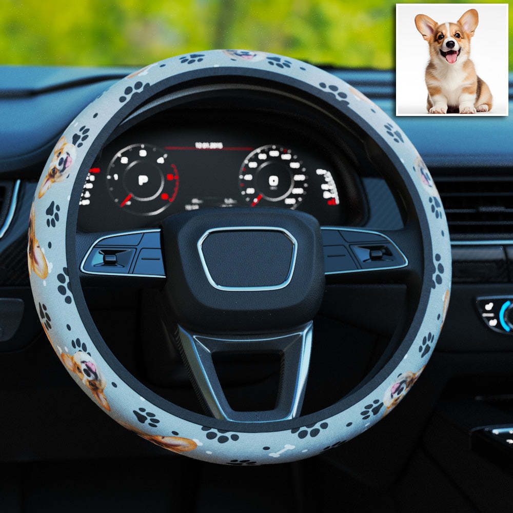 Personalized Pet Portrait Anti-Slip Car Steering Wheel Cover with Paw Bone Design Car Accessories Gift for Car Owner