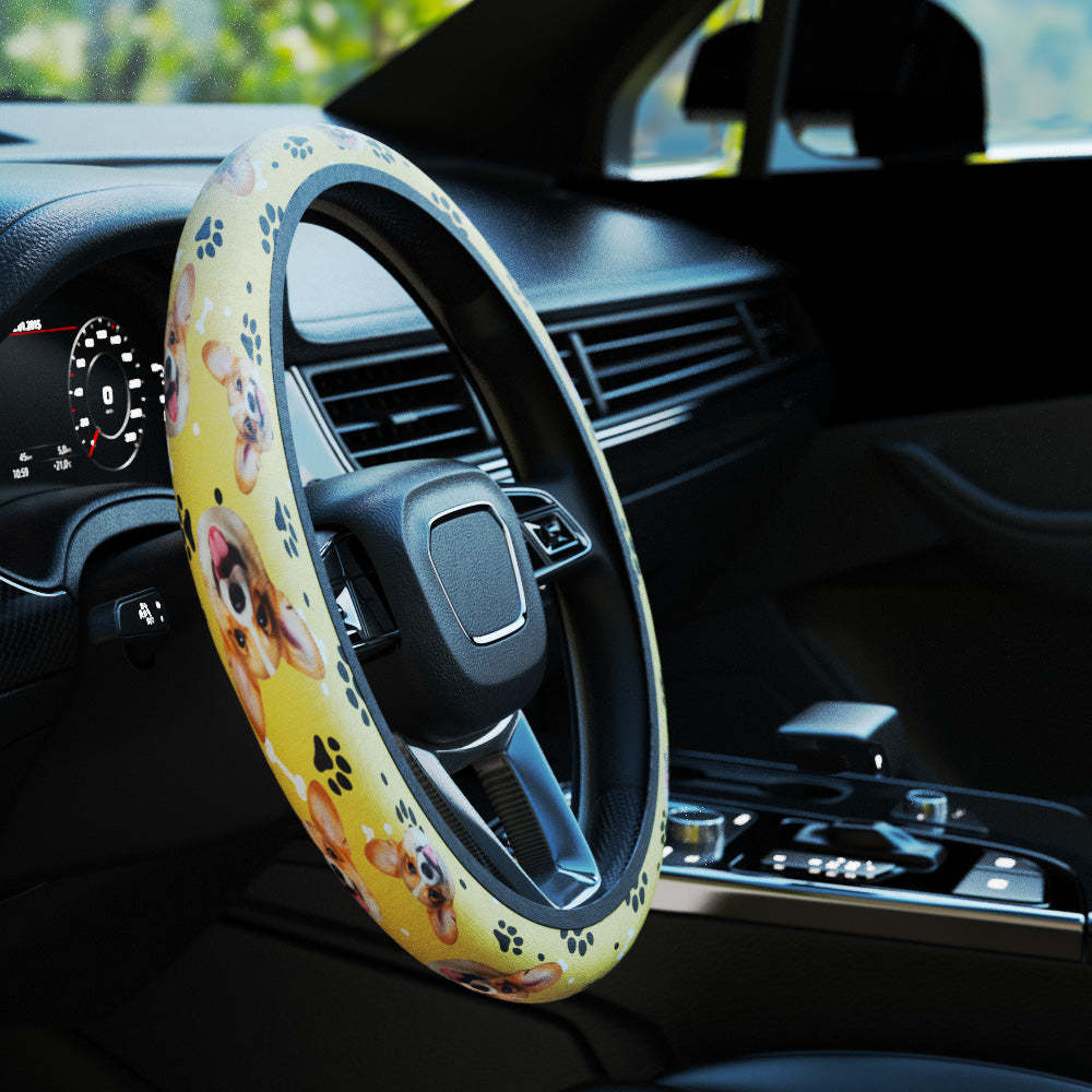 Personalized Pet Portrait Anti-Slip Car Steering Wheel Cover with Paw Bone Design Car Accessories Gift for Car Owner
