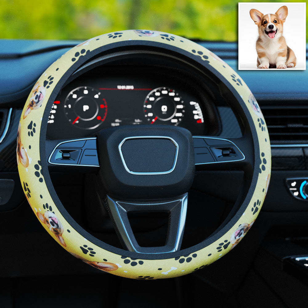 Personalized Pet Portrait Anti-Slip Car Steering Wheel Cover with Paw Bone Design Car Accessories Gift for Car Owner
