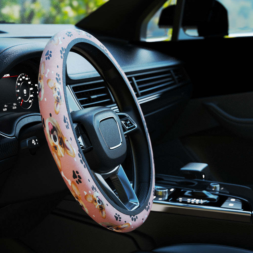 Personalized Pet Portrait Anti-Slip Car Steering Wheel Cover with Paw Bone Design Car Accessories Gift for Car Owner
