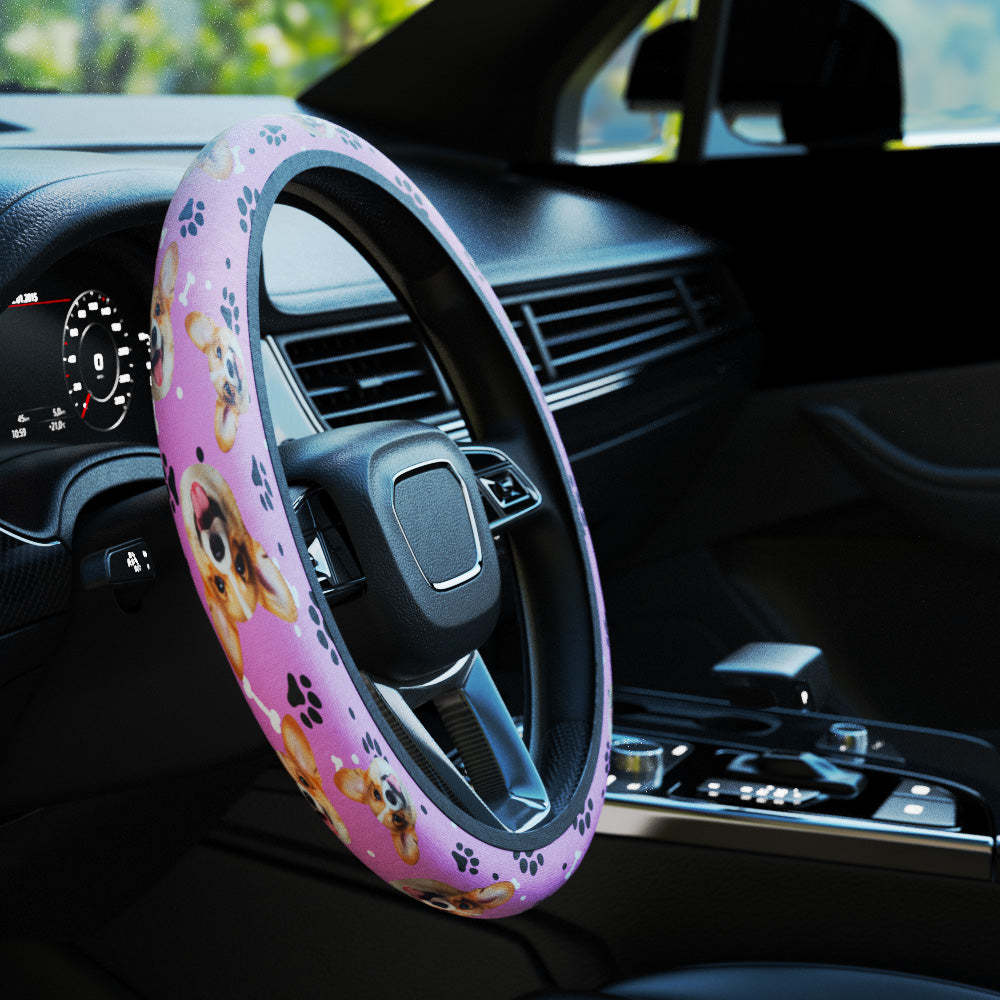 Personalized Pet Portrait Anti-Slip Car Steering Wheel Cover with Paw Bone Design Car Accessories Gift for Car Owner