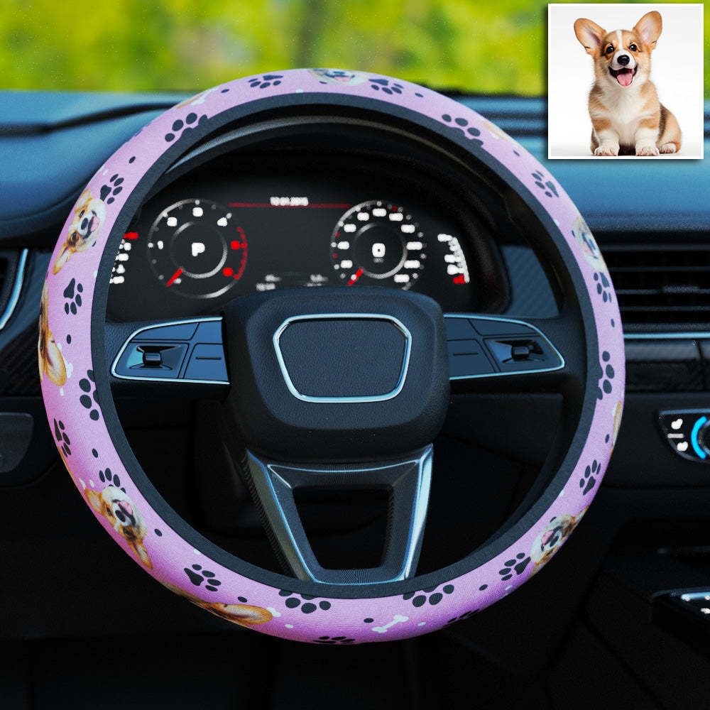 Personalized Pet Portrait Anti-Slip Car Steering Wheel Cover with Paw Bone Design Car Accessories Gift for Car Owner