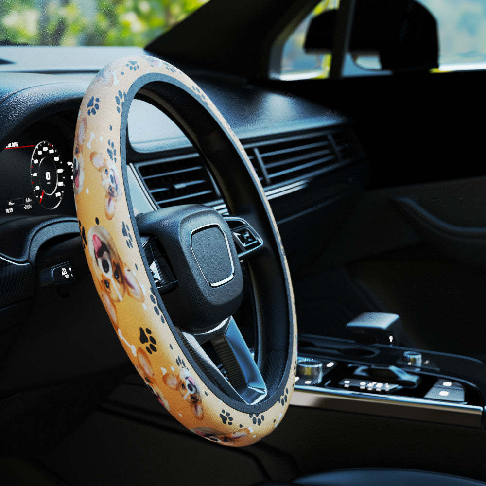 Personalized Pet Portrait Anti-Slip Car Steering Wheel Cover with Paw Bone Design Car Accessories Gift for Car Owner