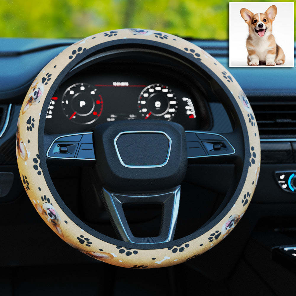 Personalized Pet Portrait Anti-Slip Car Steering Wheel Cover with Paw Bone Design Car Accessories Gift for Car Owner