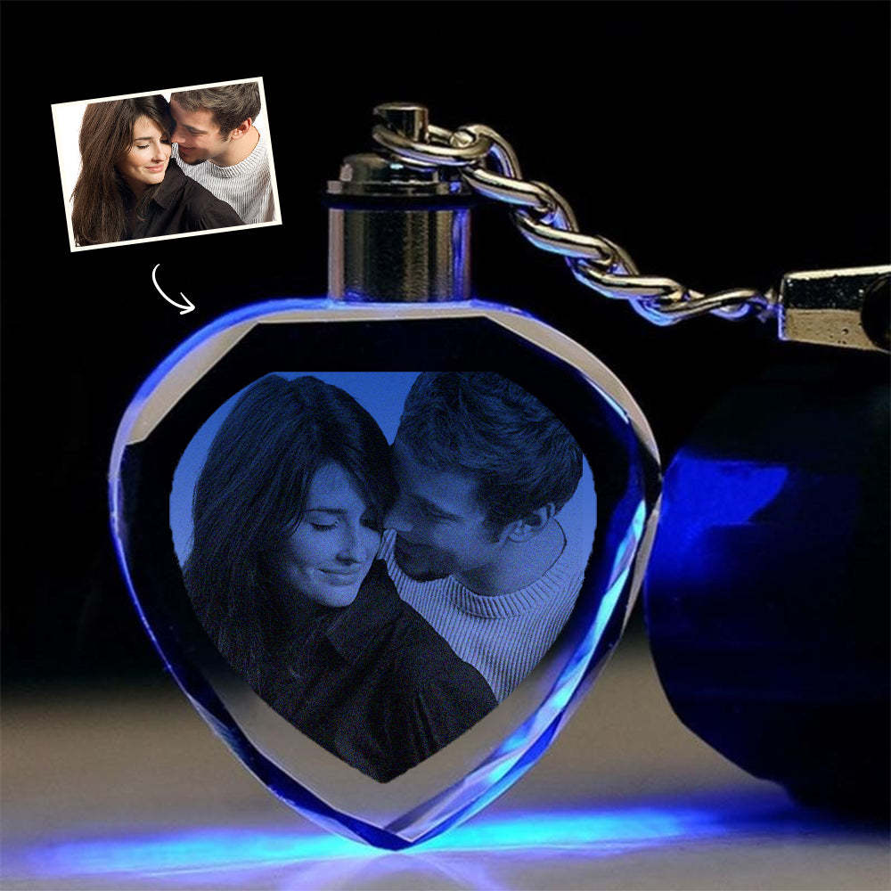 Custom Heart Shape Lighted Crystal Photo Keychain