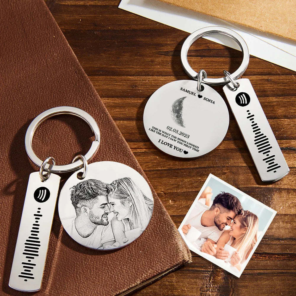 Custom Moon Phase Keychain Photo Spotify Keychain Personalized Stainless Steel Key Chains Valentine's Day Gift - mycustomtirecover