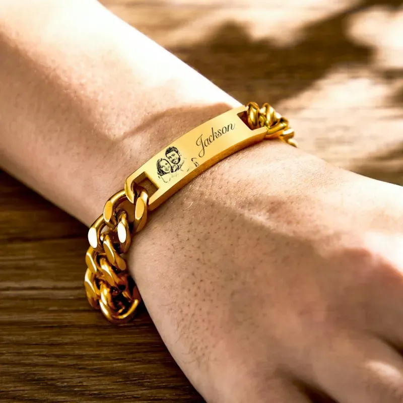 Custom Engraved Men's Bracelet Stainless Steel Photo Vintage Bracelet Jewelry Father's Day Gifts