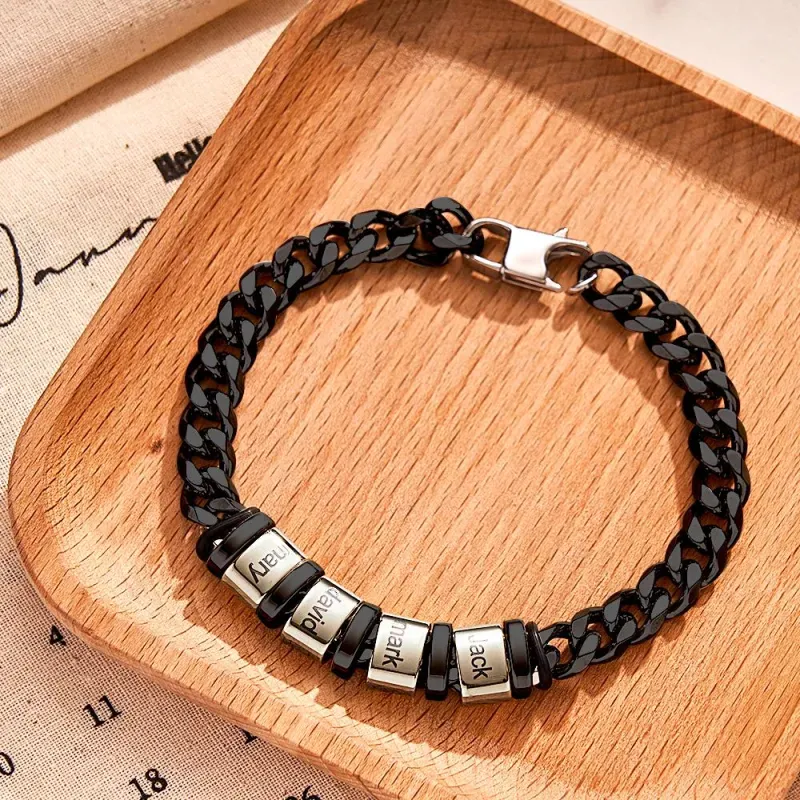 Personalized 1-6 Names Cuban Link Bracelet with Beads for Men Stainless Steel Custom Laser Engraved Jewelry