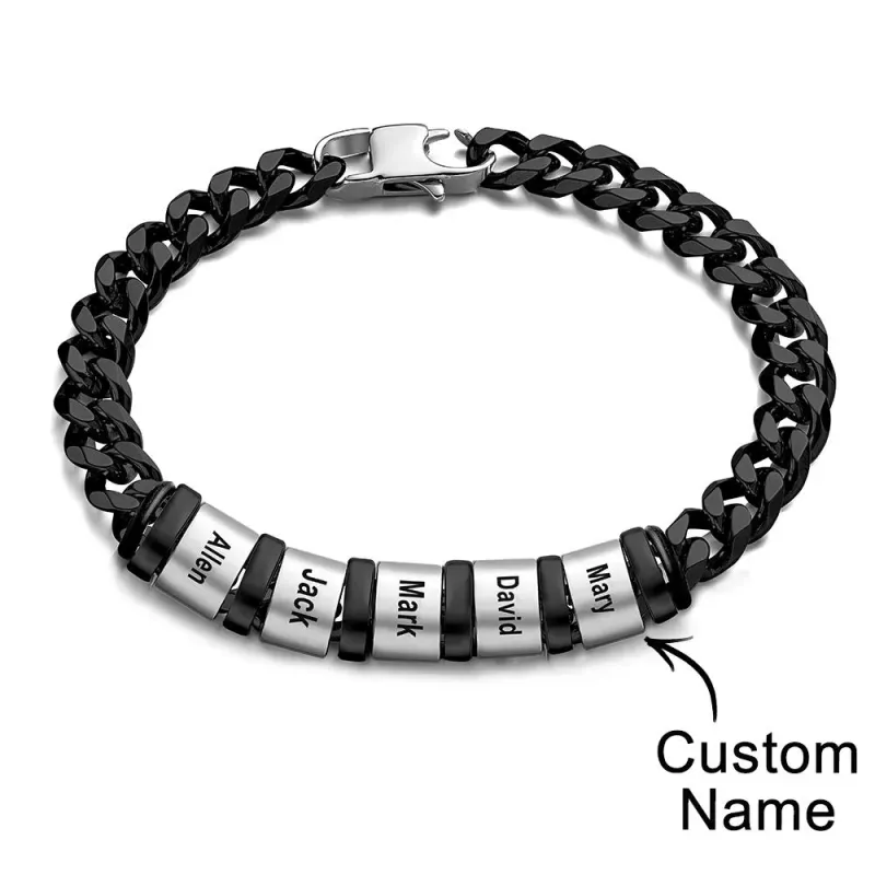 Personalized 1-6 Names Cuban Link Bracelet with Beads for Men Stainless Steel Custom Laser Engraved Jewelry