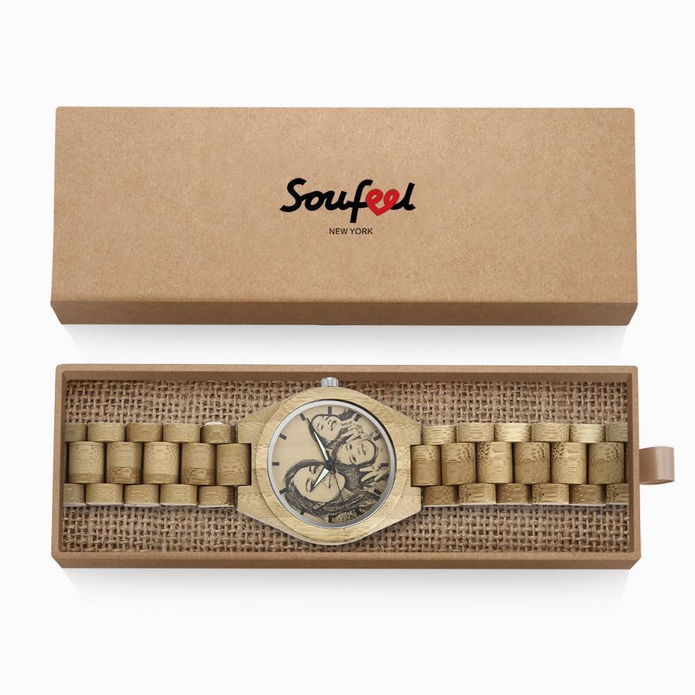 Custom Engraved Bamboo Photo Watch Wooden Leather Strap