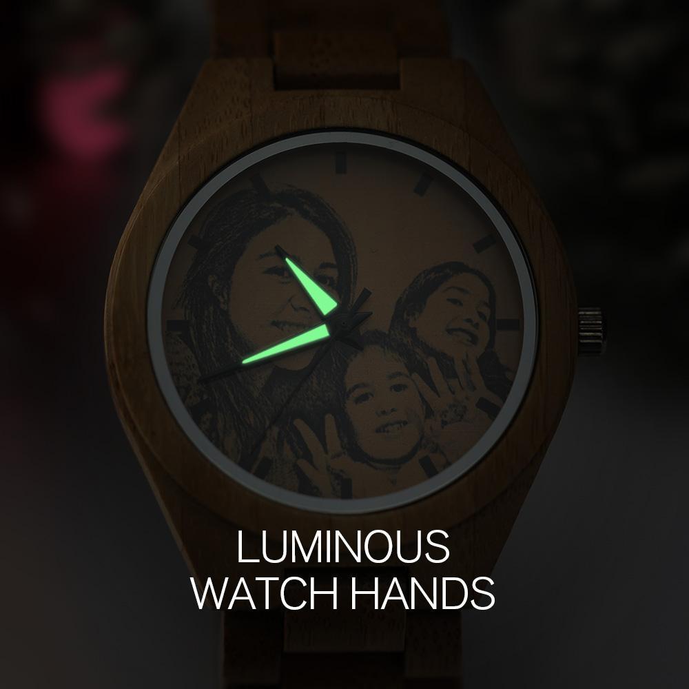 Custom Engraved Bamboo Photo Watch Wooden Leather Strap