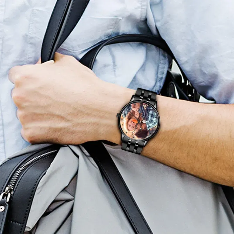 Men's Engraved Photo Watch Calendar Black Alloy Bracelet Gift for Couple