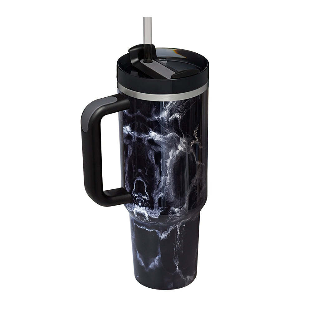 40oz Insulated Mug with Handle and Straw Marble Pattern Stainless Steel Travel Cup Gift for Family Friends Couples - mycustomtirecover