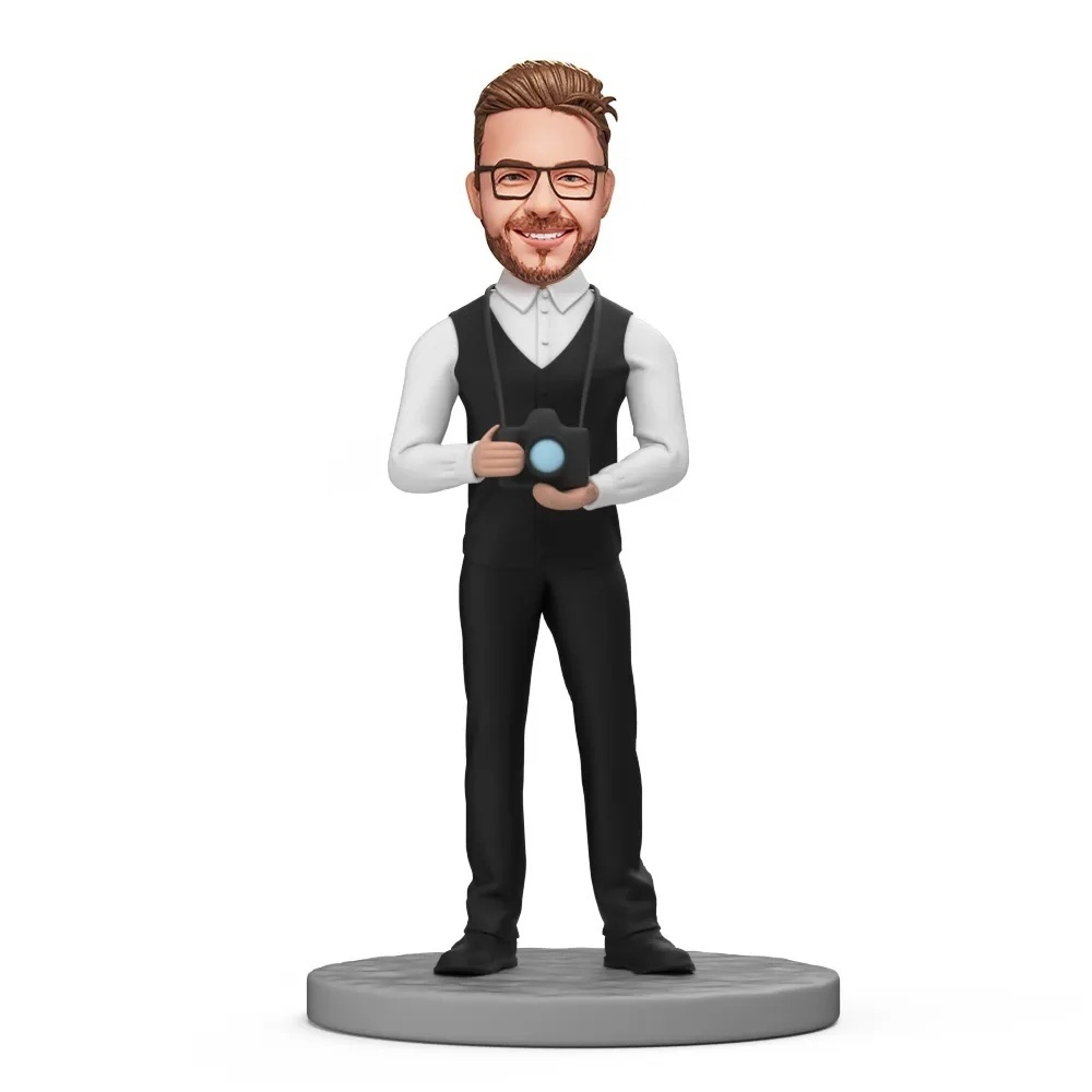 Male Photographer Hold Camera Custom Bobblehead with Engraved Text