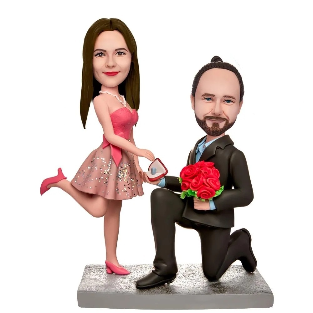 A Couple Proposing Marriage Custom Bobbleheads With Engraved Text