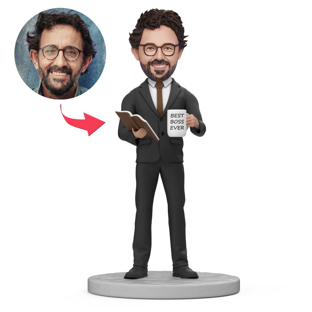 Male Boss Holding Book Custom Bobblehead With Engraved Text Gift For Boss's Day