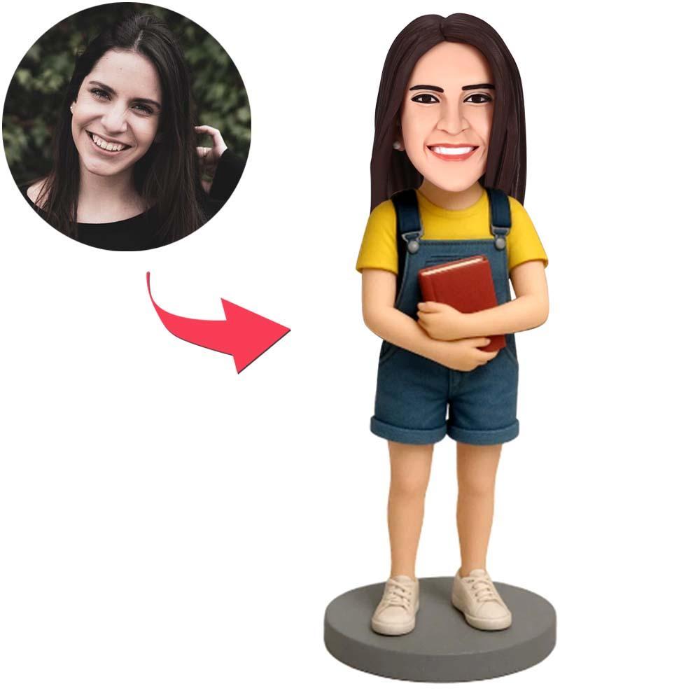 Female Student Carry Backpack Custom Bobblehead with Engraved Text - MyFaceBobbleheads