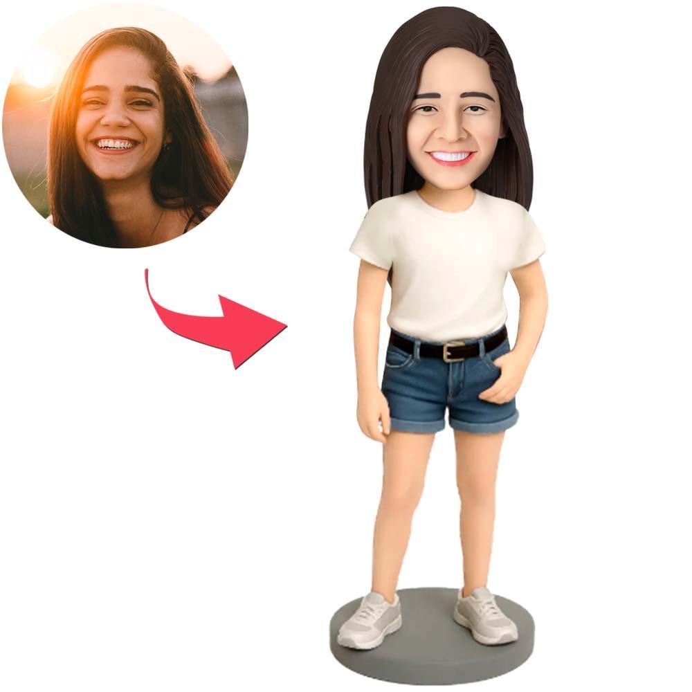 Female Students Wearing Denim Shorts Custom Bobblehead with Engraved Text - MyFaceBobbleheads