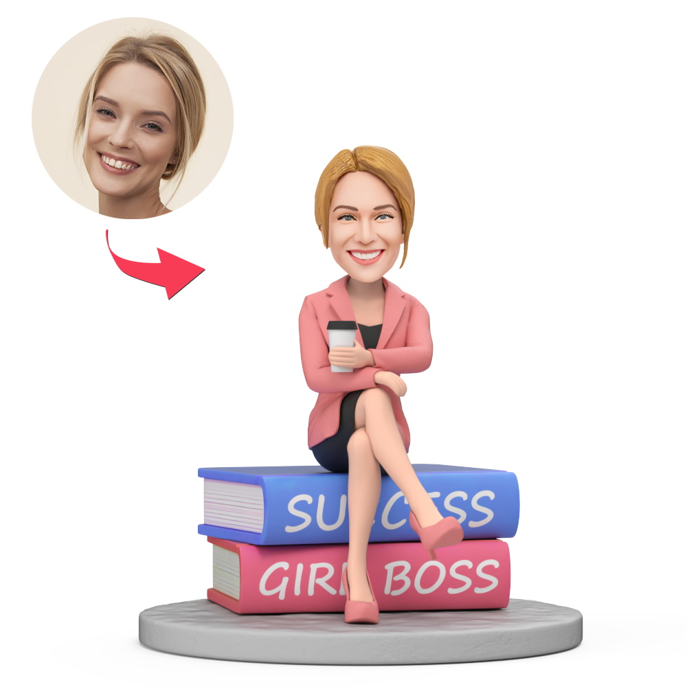 Female Boss Sitting On Two Books Custom Bobblehead With Engraved Text Gift For Boss's Day